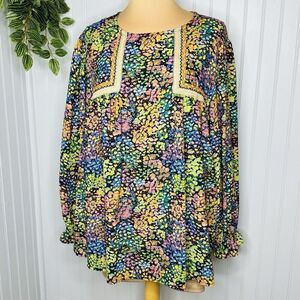 It’s Women's Plus 2XL Multicolor Blouse Ballon Sleeves Abstract Colorful Scoop